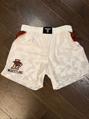 Takedown White Camo Lehigh Wrestling Shorts with Brown Accent